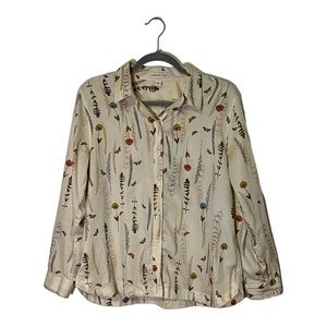 Coldwater Creek Cream Floral Print Long Button Cuff Sleeve Size Petite PM